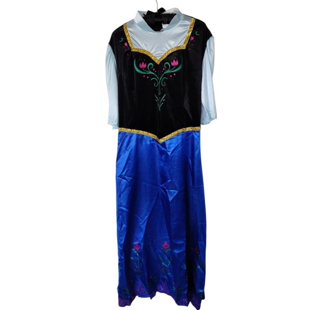 Disney Frozen Anna Costume Dress Blue Black Gold Glitter Floral Rosemaling